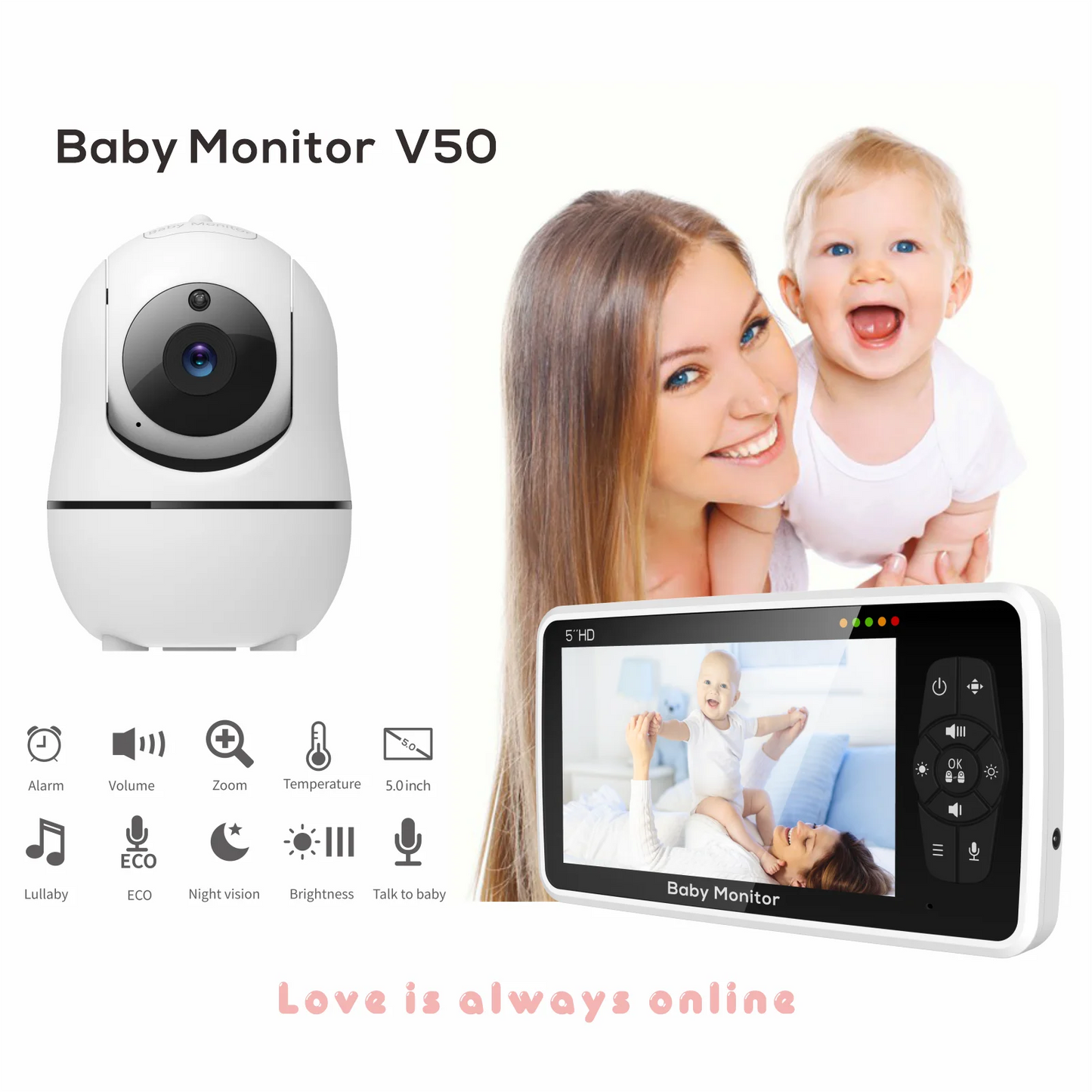5" HD Baby Monitor – 4X Zoom, 2-Way Audio & Temperature Sensor