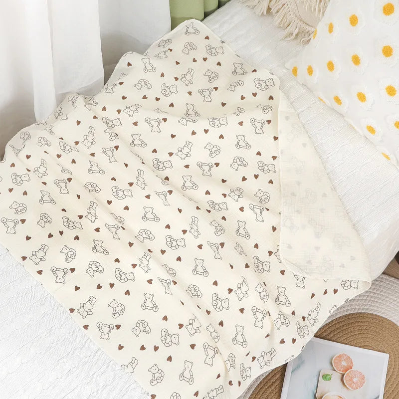 Cotton Muslin Cute Cartoon Printing Baby Swaddle Blanket Soft Breathable Newborn Baby Receiving Blanket for Infant Boys Girls